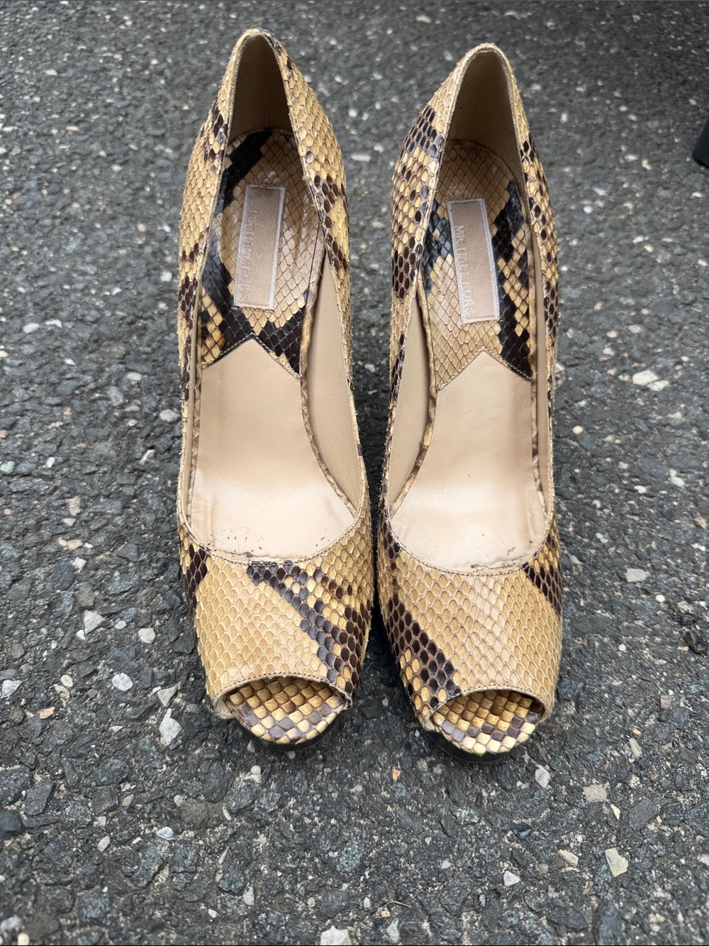 Michael Kors Snake skin Peep Toe High Heels in Tan and Brown